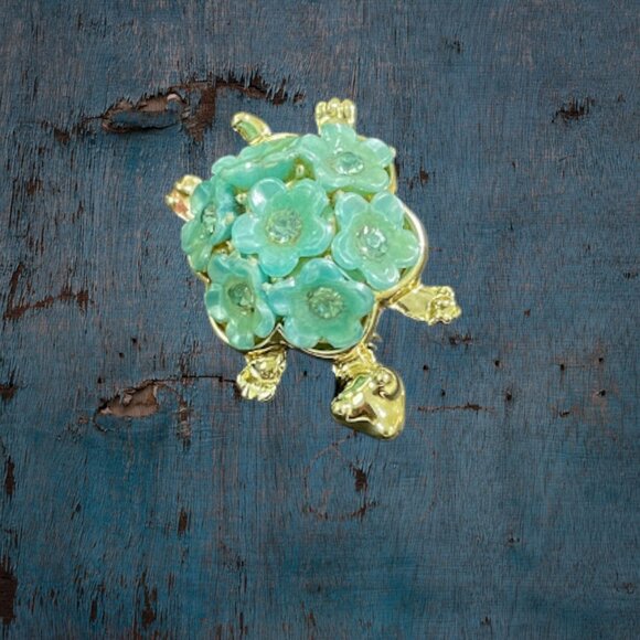 Vintage Blue Flower Gold Tone Turtle Brooch 1960s Cute Figural Pin - Picture 13 of 15
